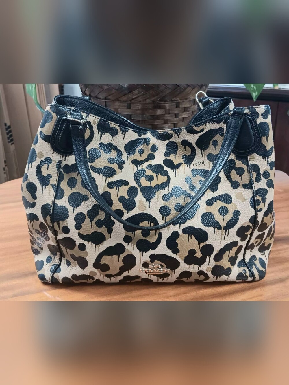 Coach Pebbled Leather Edie Black Drip Leopard Tote